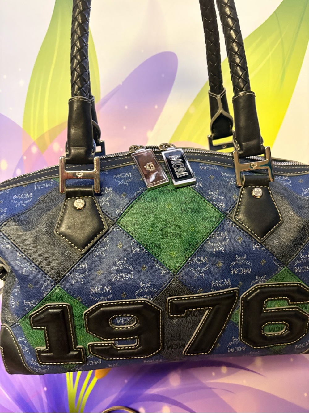 MCM Blue & Green Quilted 1976 Leather-Trim Satchel